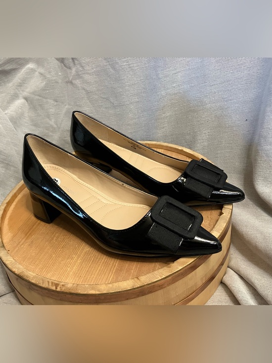 Adrienne Vittadini Shoes - EUC Adrienne Vittadini Black Faux Patent Leather Block Heels Buckles Bow Sz 8.5